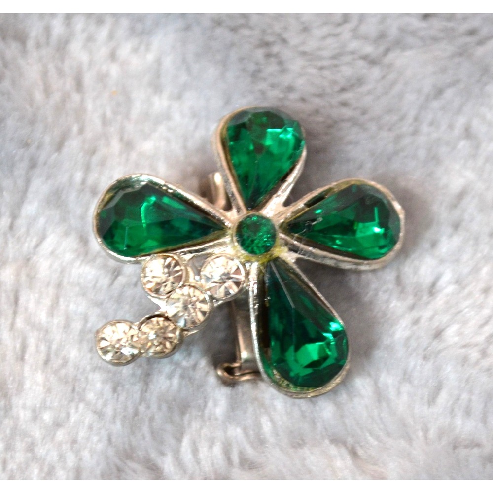 Silver Tone 4 Leaf Clover Shamrock‎ Brooch Pin Green Stones Clear Rhinestones 1"